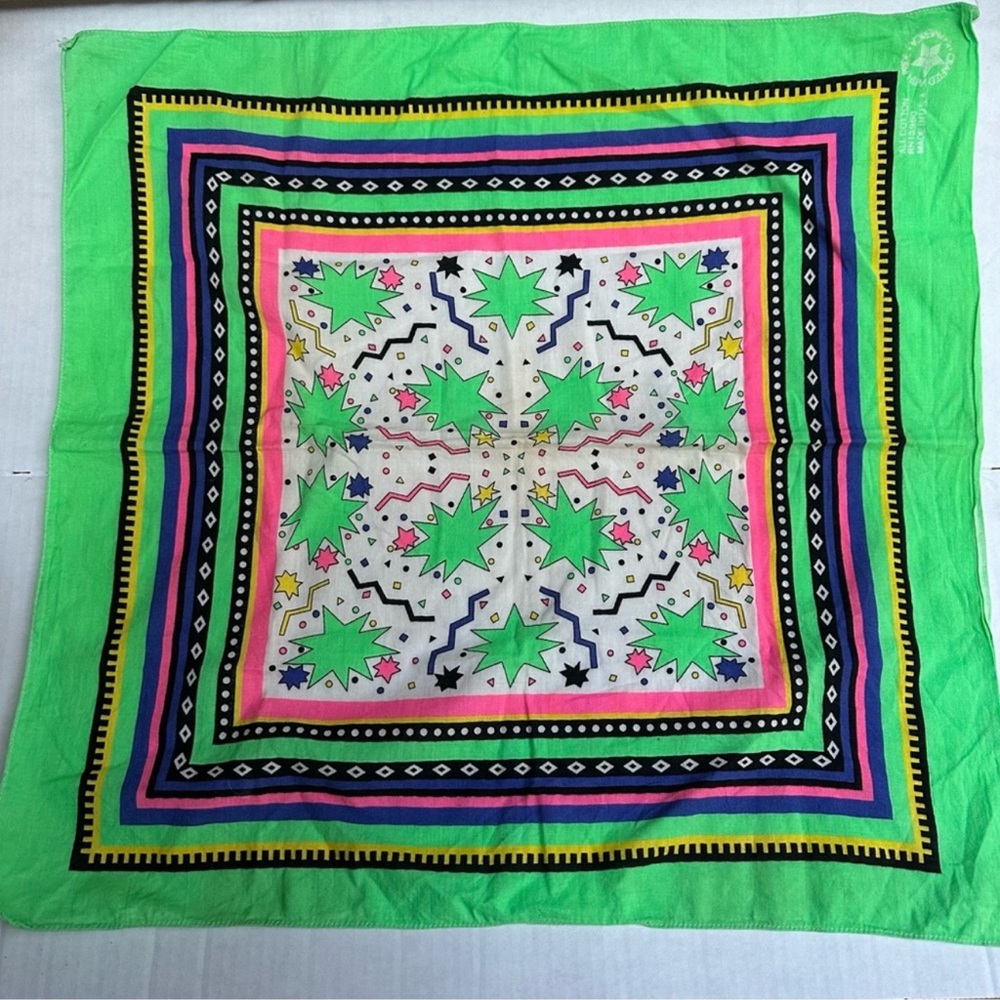Vtg 80's neon Memphis Print bandana handkerchief Pink Green 22x20